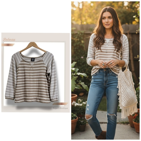 bobeau Sweaters - 🌿Bobeau Womens Medium Beige White Striped 3/4 Sleeve Distressed Sweater-Cute!